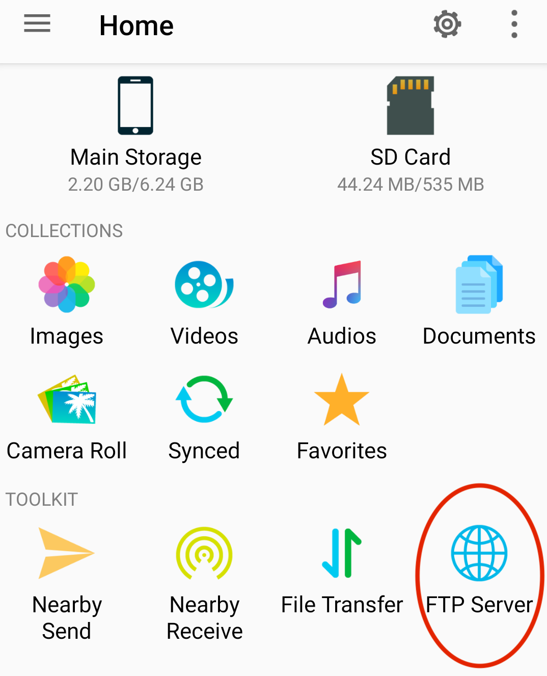 Die Schaltfläche Built-in FTP Server