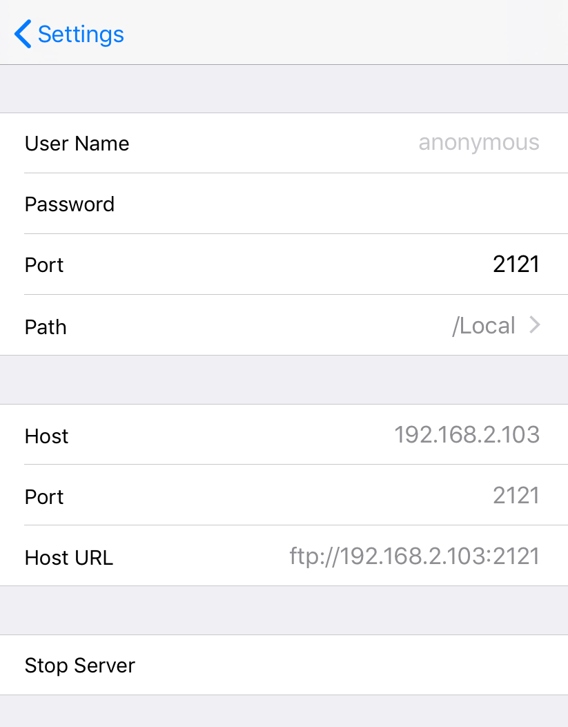 Laufender FTP-Server mit Verbindungsadresse
