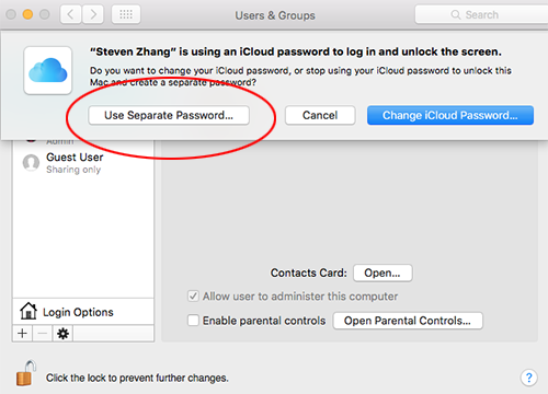 Option für ein separates Passwort eines Mac-Kontos