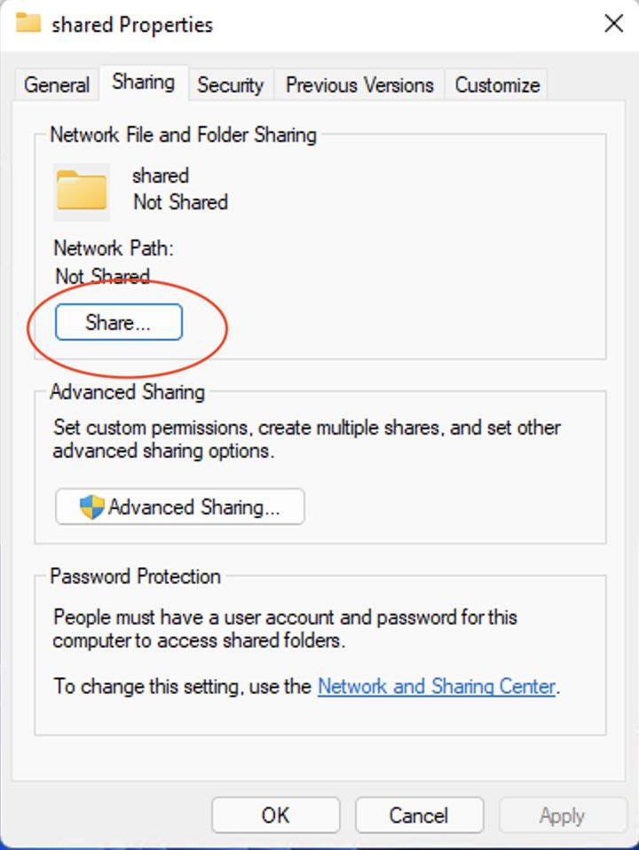 Registerkarte Freigabe in den Ordnereigenschaften von Windows 11
