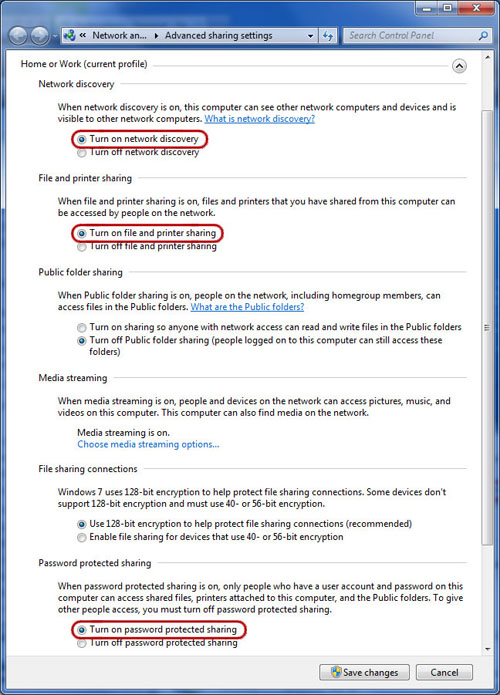 Erweiterte Freigabeeinstellungen in Windows 7