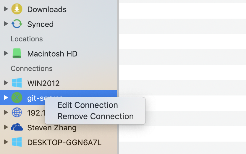 Das Kontextmenü einer Verbindung in FE File Explorer für macOS