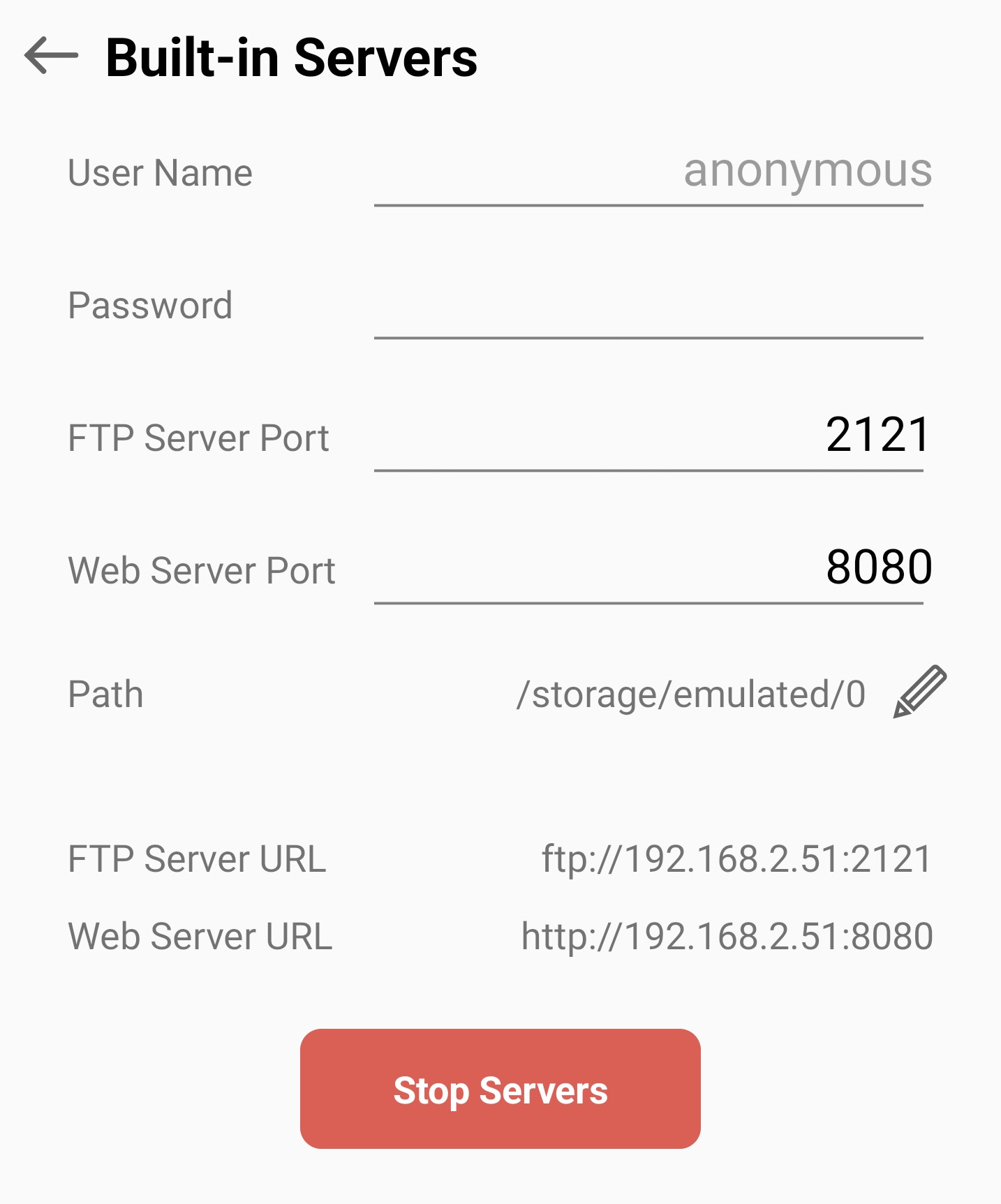 実行中の FTP サーバーと接続アドレス