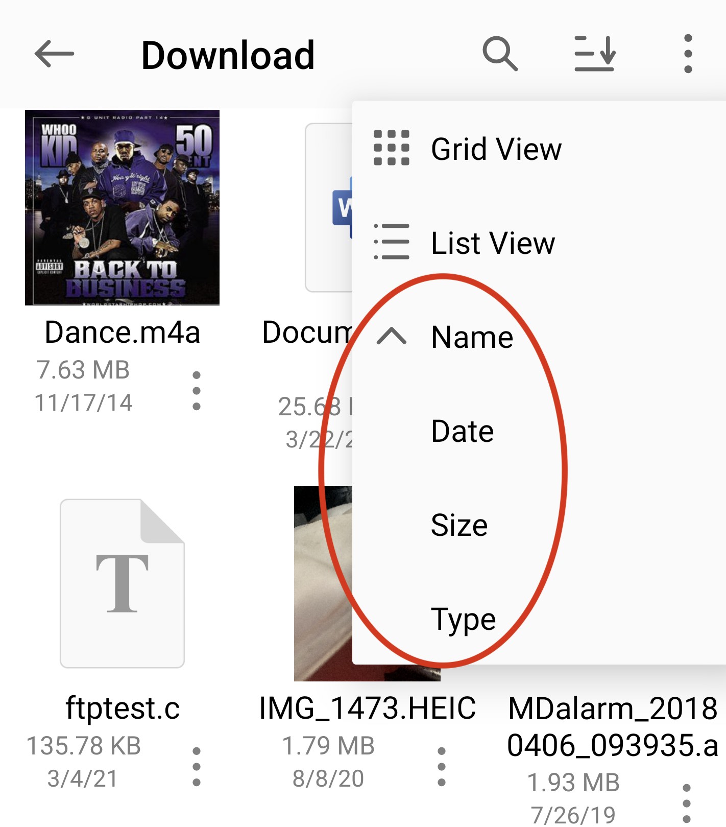Owlfiles for Android の並べ替えメニュー