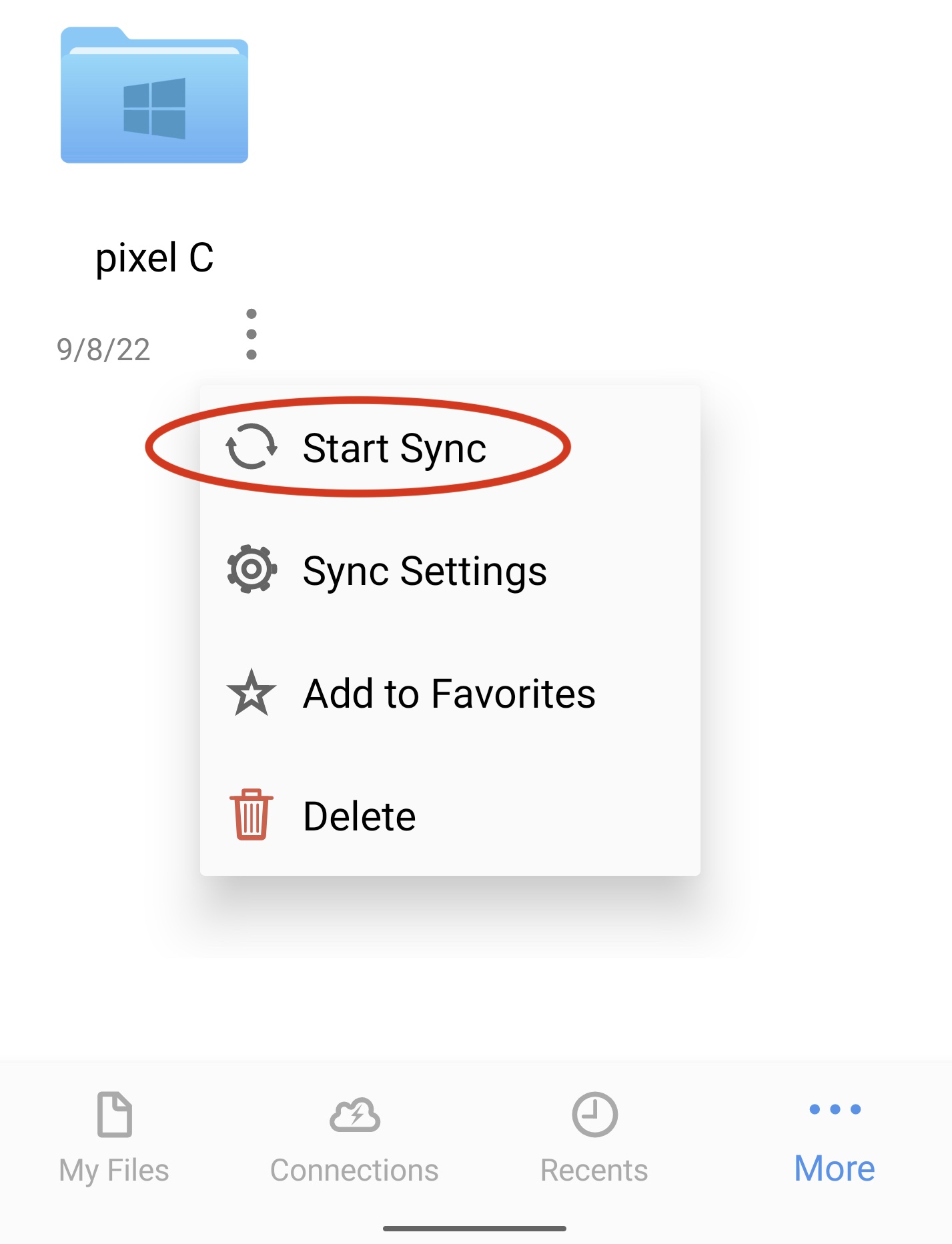 Starting a sync task from its context menu