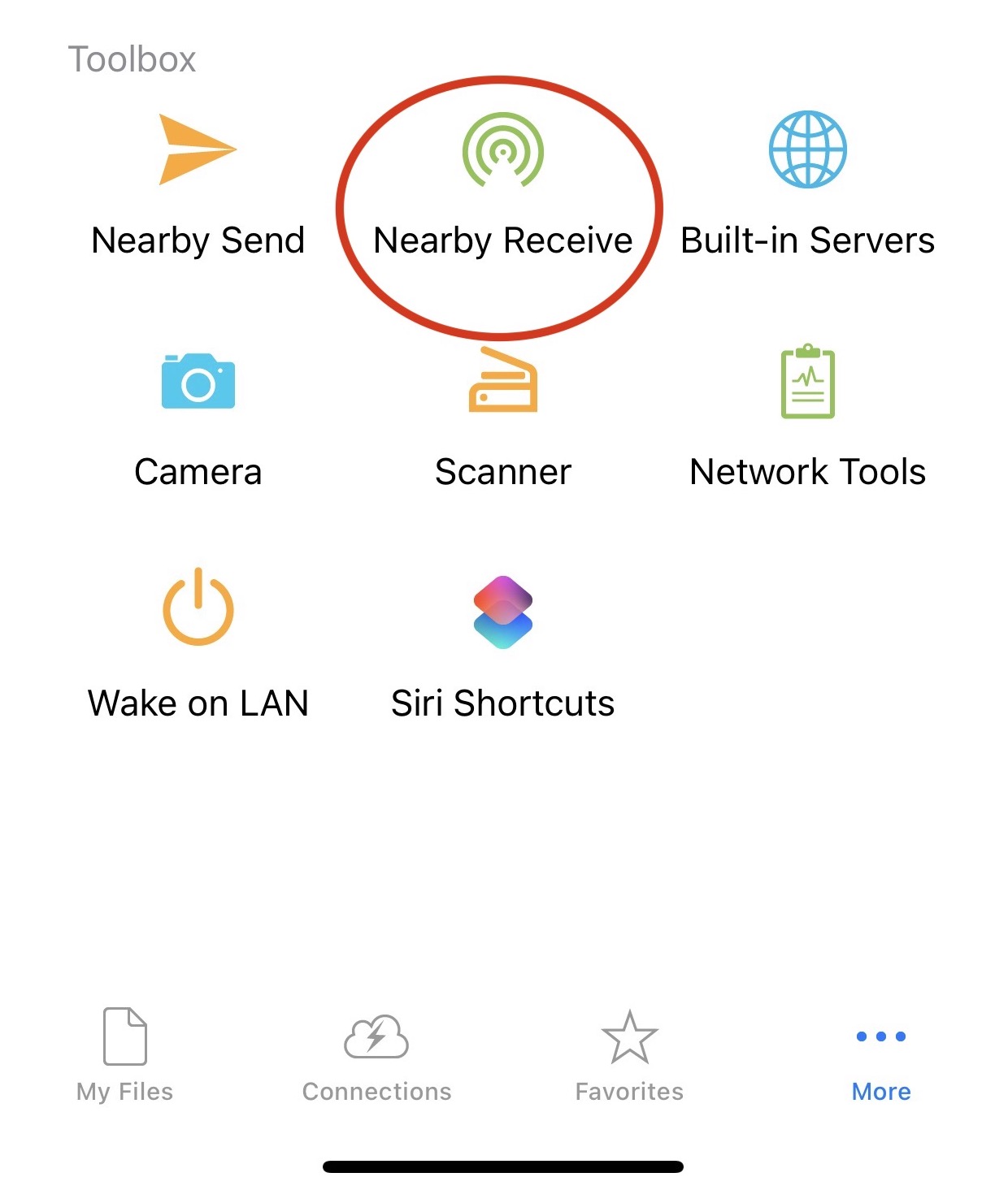 Nearby Receive im Tab „Mehr“