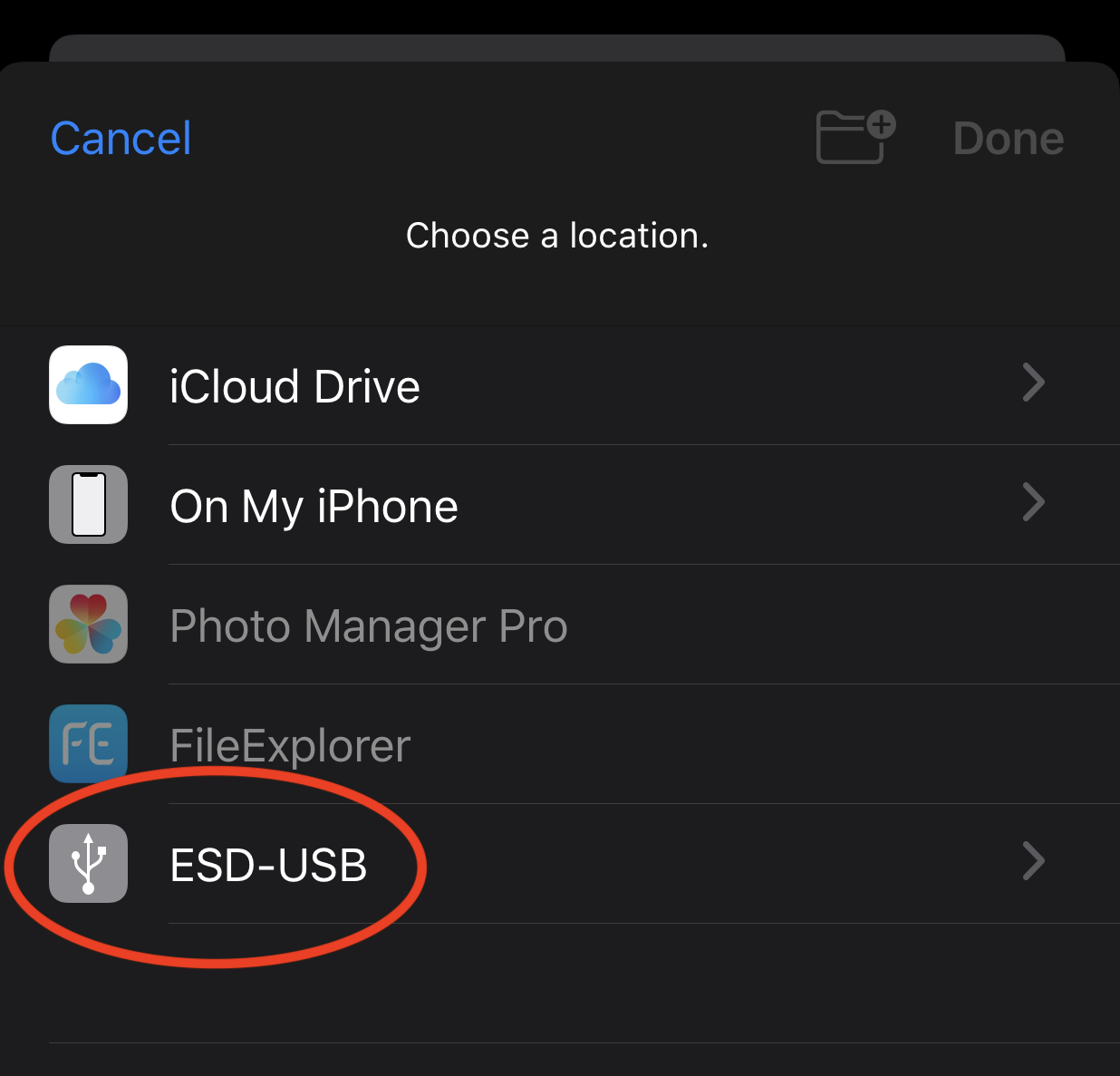 An external drive in the connection list