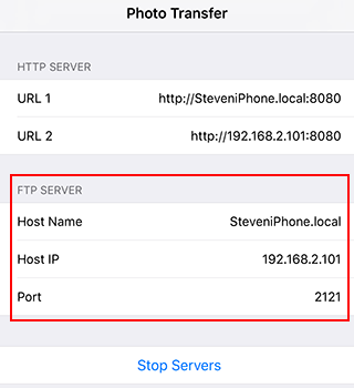 The built-in FTP server details