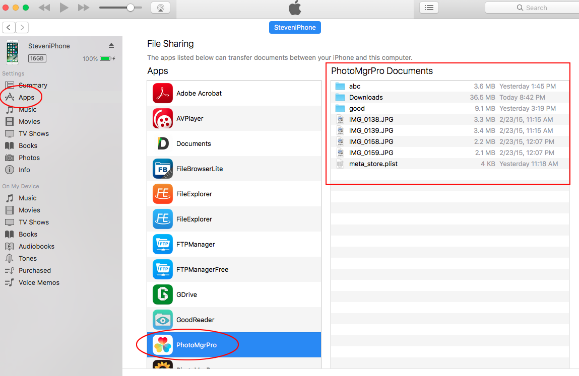 The iTunes File Sharing section
